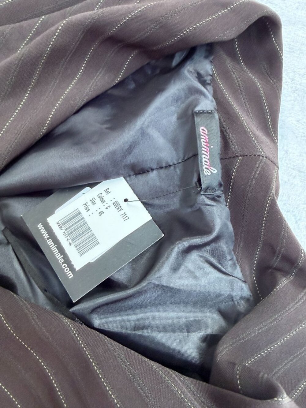 Animale Women's Size 14 Brown Pinstripe Long Coat Jacket Drawstring Hem NWT $238 - Picture 3 of 7